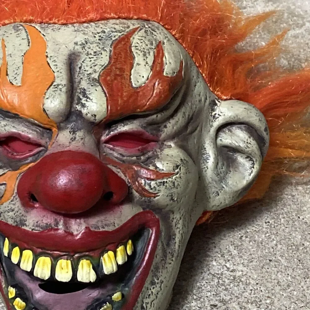 Evil Clown Adult Mask Orange Hair Grinning Teeth Latex Halloween Creepy
